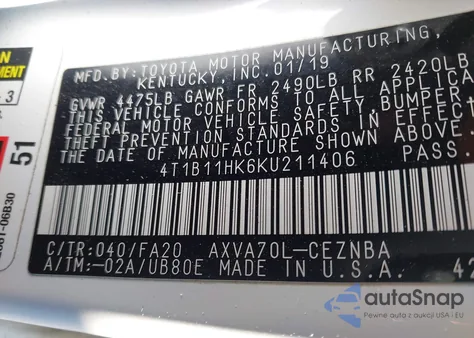 2019 Toyota Camry Le from USA, damaged, VIN 4T1B11HK6KU211406